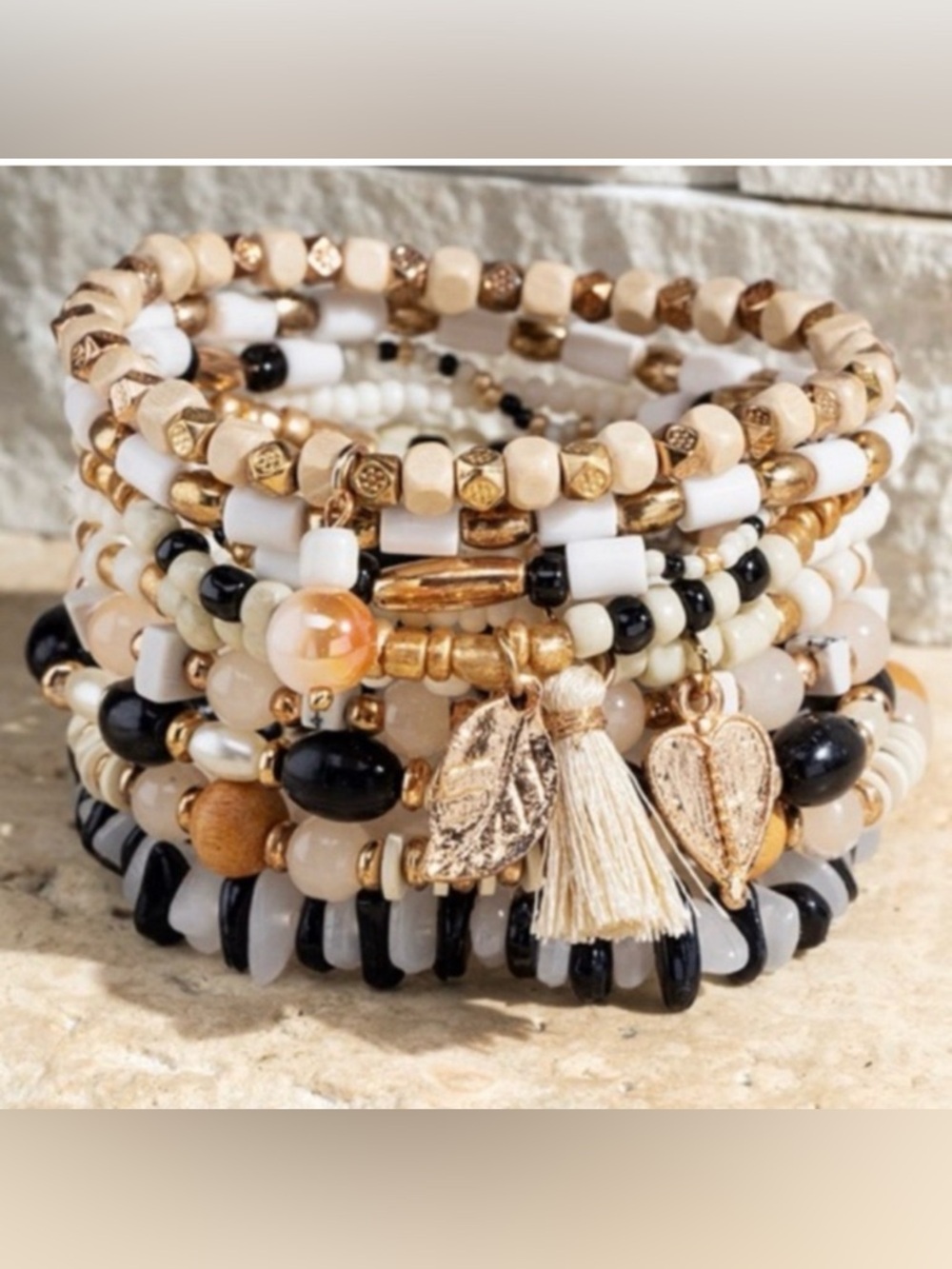 New Bohemian Gold and Black Beaded Bracelet Set With Charms And Tassel